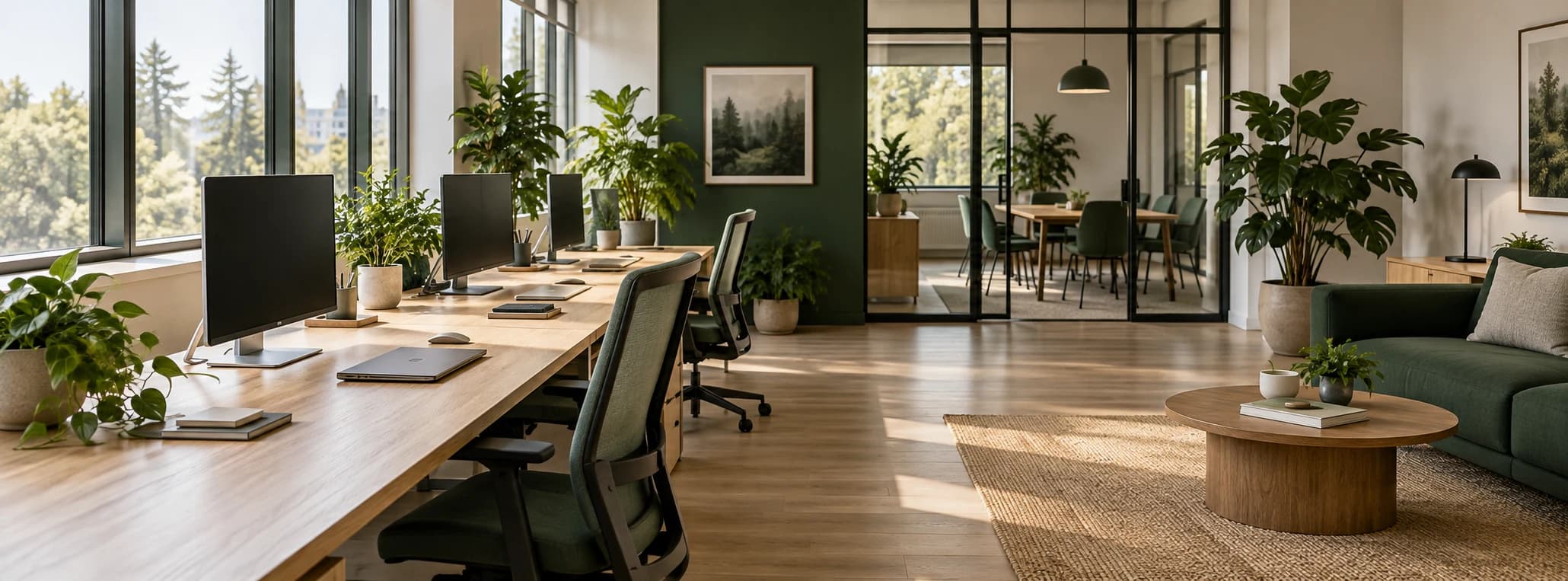 Illustrative software studio workspace with natural light, oak desks and green accents